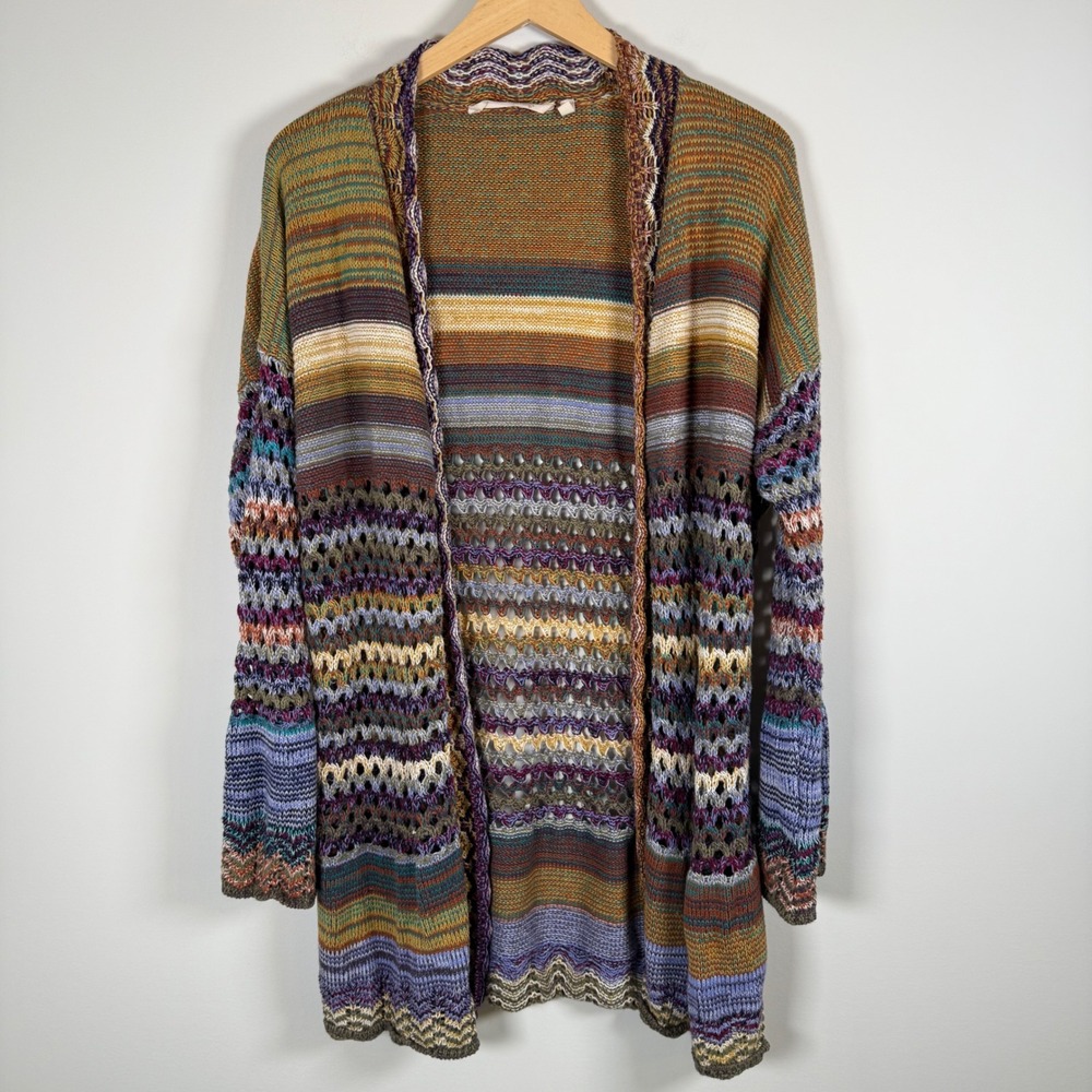 Soft Surroundings Albi Crochet‎ Knit Striped Open Front Cardigan Sweater Medium